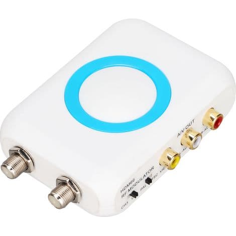 Brugsklar RF-modulator med HDMI-indgang, NTSC/PAL-udgang og VHF/AV-interface, velegnet til kabel-tv-systemer.