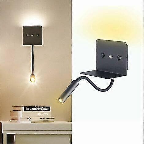 Væglampe + 3w Led Læselampe Med Usb Port Sort - Sort