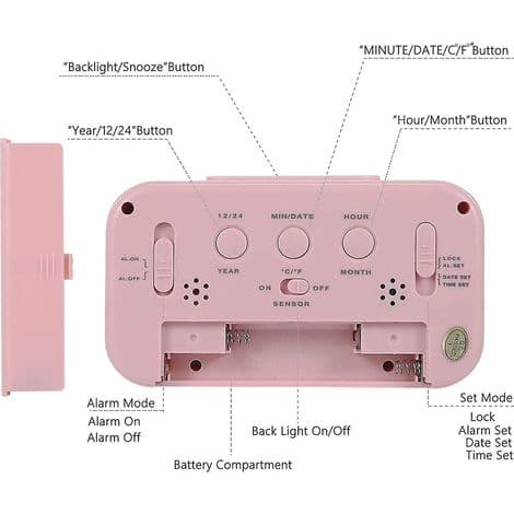 Rosa digital väckarklocka med 4,5-tums LCD-skärm och backupbatteri