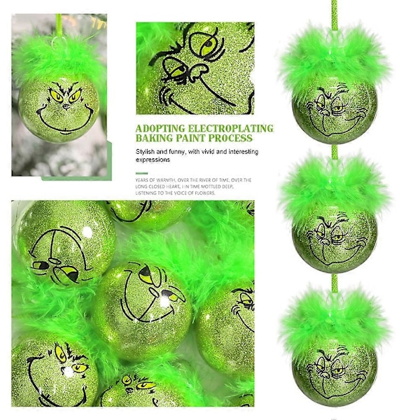 12-pack Grinch-kulor för julgran - Gröna tomtar med luddigt hår