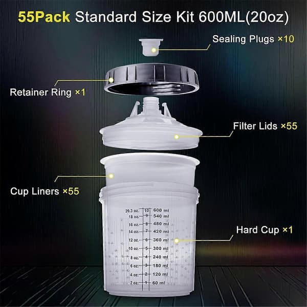 Färgsprutblandningskopp, 20 uns (600 ml) kit med 55 koppar och locksystem, 1 hård kopp med hållare