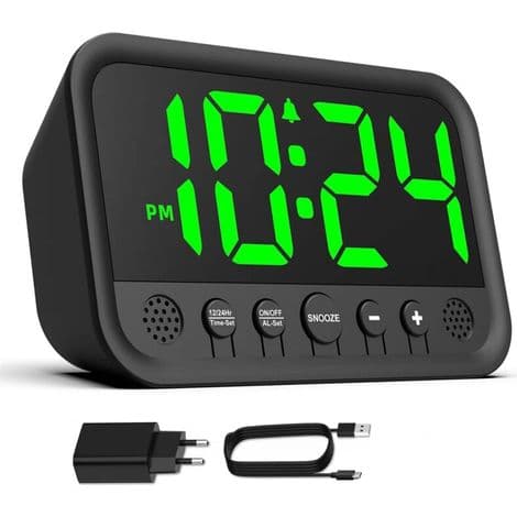 Digital väckarklocka med grön LED-indikator för sovrum, hög väckarklocka för djupsövare, nätdriven väckarklocka (adapter ingår) med justerbar