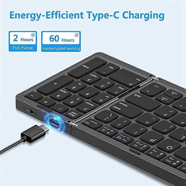 Vikbart Bluetooth-tangentbord, USB-uppladdningsbart trådlöst tangentbord för IOS, Android, Windows PC Laptop Smartphone-Svart