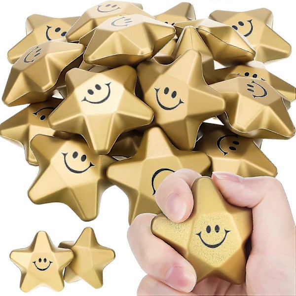 36 Styk Stjerne Stressbolde Mini Skum Bold Stressaflastning Stjerne Bolde Stjerne Stresslegetøj til Teenagere Voksne Studerende Taskefyld, Guld (Smil, 1.6 Tommer)