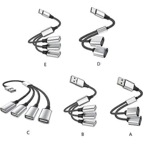 USB-splitterkabel, 1 hane till 2/3 hona, USB-C och USB-A-adapter, anslutningsförlängning