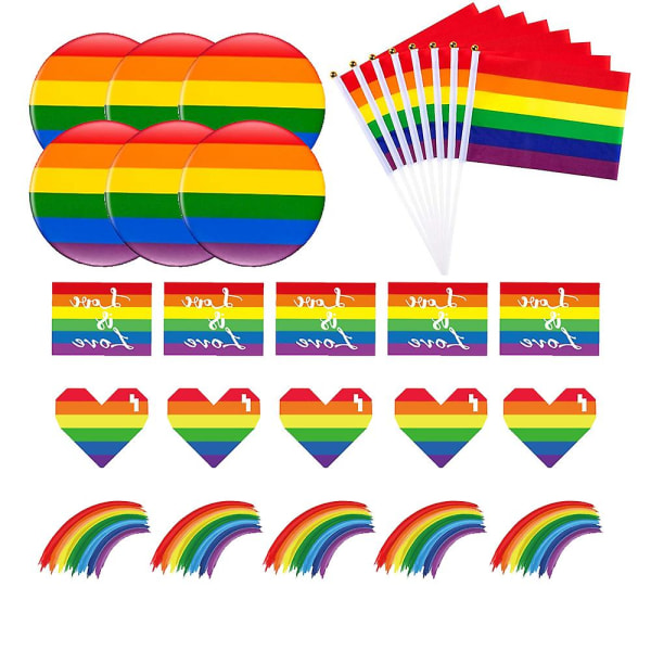 318 kpl Rainbow Gay Pride set, kädessä pidettävät kepiliput, tatuoinnit, sateenkaaritarrat, nappineulat, karnevaalijuhlien koristelu