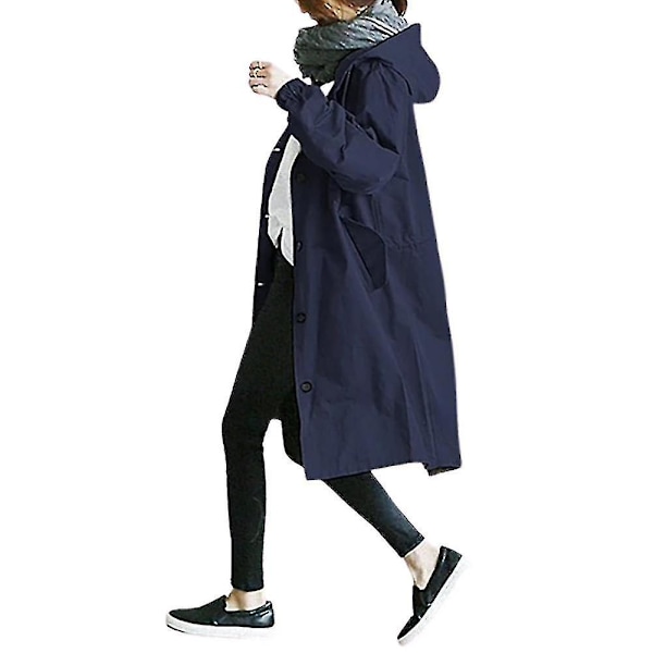 4xl; marineblå dame høst mote ensfarget lomme hette vindjakke lang trenchcoat yttertøy hot enkel stil vindjakker