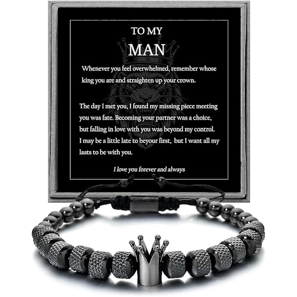Armband till Min Man - Rätta Till Din Krona För Pojkvän Make, Justerbar Pärla Mäns Rostfritt Stål Krona Årsdag Julgåvor Zekai