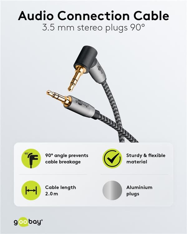 Äänen liitäntäkaapeli AUX, 3,5 mm stereo, 90°, 2 m