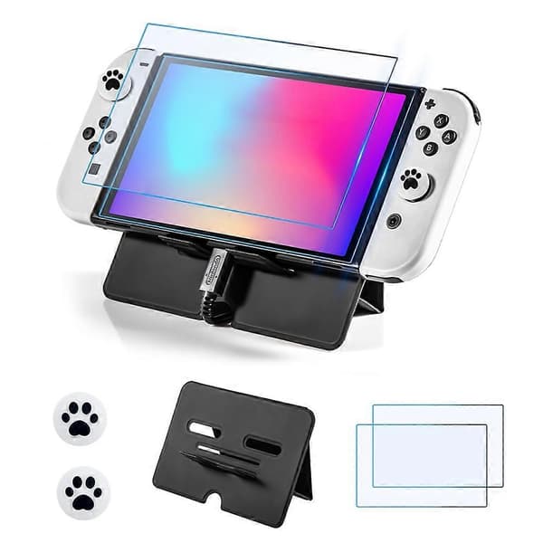 DEVASO Støtteholder til Nintendo Switch/Switch OLED + 2 stk. Skærmbeskyttelsesglas