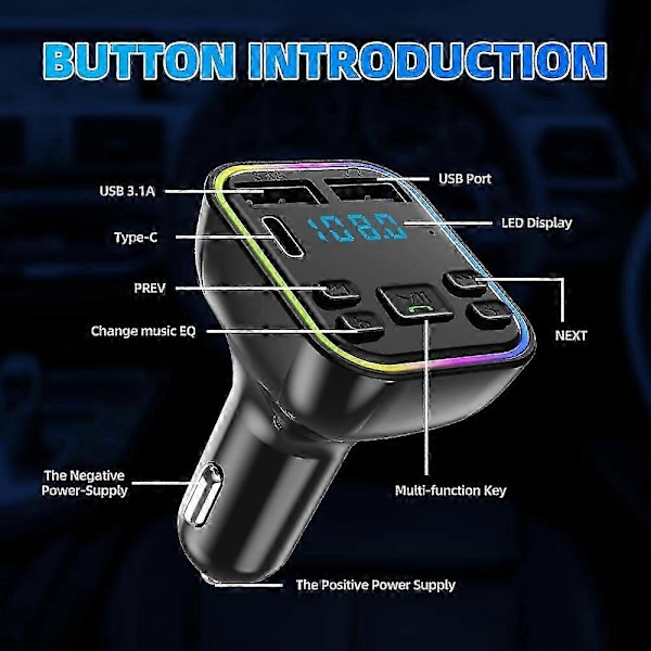 Bil Bluetooth FM Transmitter PD Dobbelt USB 3.1A Hurtig Oplader Adapter Farverigt Ambient Lys Håndfri MP3 Modulator Afspiller