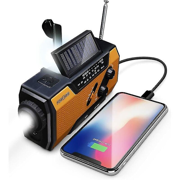 Väderradio för nödsituationer 2000mah (modell A1) Solcell/vev/batteridriven portabel batteriladdare med AM/FM, LED-ficklampa, SOS-larm för vandring och