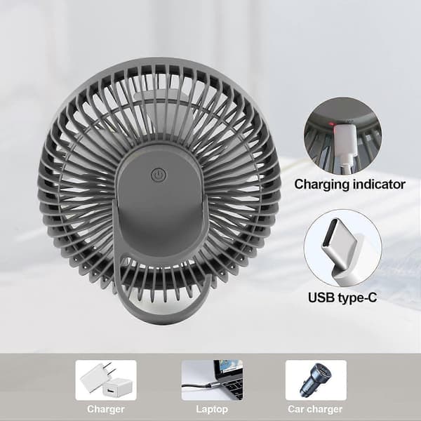 Bordventilator USB Genopladelig Bærbar Ventilator med LED Lys Støjsvag Ventilator Køleventilator - Grå