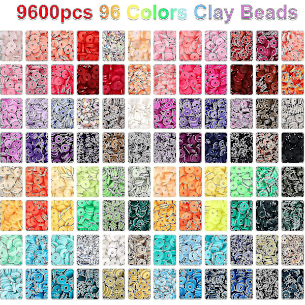 9600 Leireperler til smykkeproduksjon, 96 farger Spaced Black Stone Perler Flat Round Polymer Clay Perler med bokstavperler Smiley Perler og Elastisk St