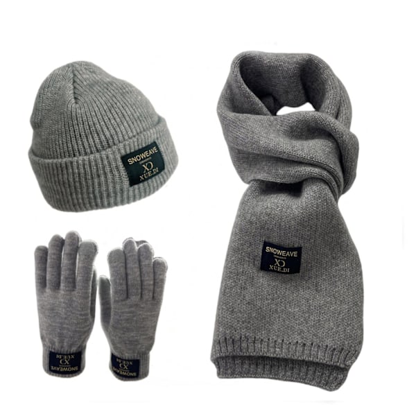 Vinter Beanie Hat Scarf Handsker Sæt Solid Tyk Varmt Elastisk Vindtæt Udendørs Strikket Hat Hals Farve: Grå