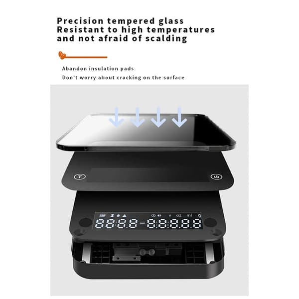 USB genopladelig digital kaffevægt med timer, 0,1g præcision, LED-display, auto/smart espresso/flow-tilstande, hærdet glasoverflade Sort