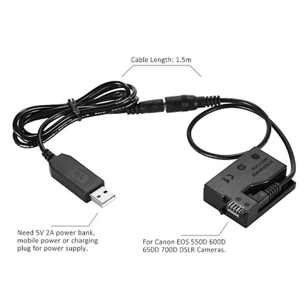 -E8 Dummy Batteri med DC Power Bank USB Adapterkabel Erstatning for LP-E8 for 550D 600D 650D 700