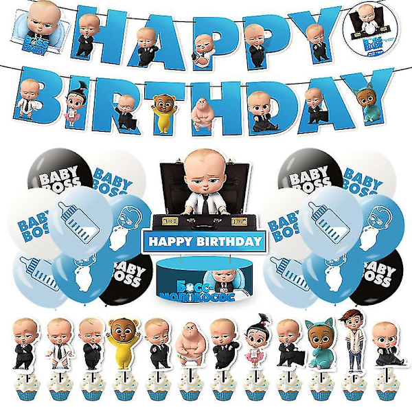 Baby Boss syntymäpäiväjuhlan koristeet, Happy Birthday Banner Cake Toppers Balloons Set