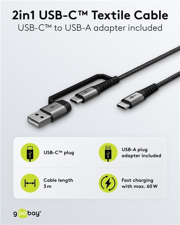 2in1 USB-tekstiilikaapeli, avaruusharmaa/hopea, m