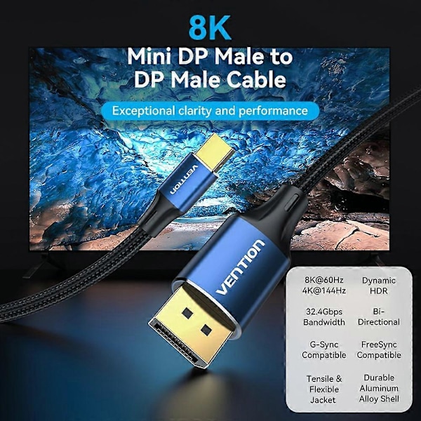 Type A VENTION HCFLG 1,5 m 8K/60Hz 4K/144Hz DisplayPort - DisplayPort -kaapeli, kaksisuuntainen