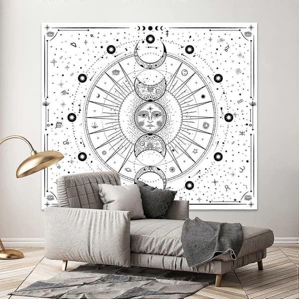 Vit Väggbonad Sol Måne Stjärnor Rymd Psykedeliska Tapeter Väggbonad, 130x150 cm