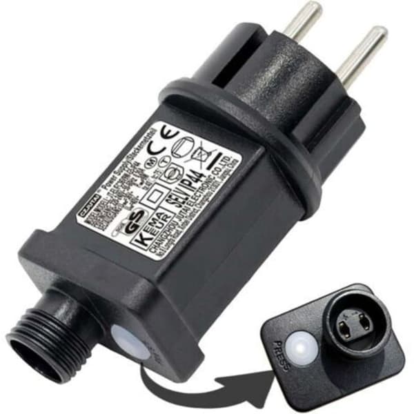 Blinkende lyslenker 24V 6W AC-transformator, 8 moduser plugg lyslenker med timerfunksjon, IP44 vanntett adapter for julelys, jul