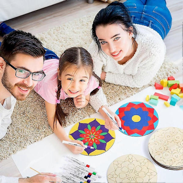22 osaa puinen mandala-maalaussarja, 10 mandala-puulevyä ja 12 merkkiä käsitöihin, mandala-puulevyt