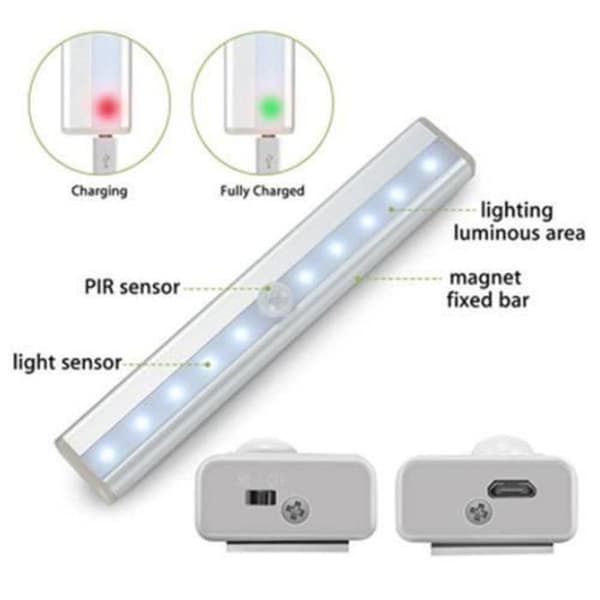 Bevegelsessensorlys - 3 stk - USB oppladbart - 10 lysdioder - Hvit