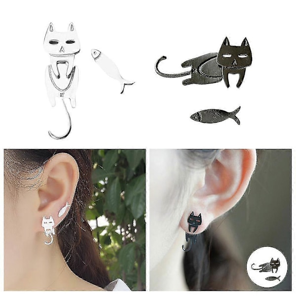 2xfish Katte Stud Øreringe Asymmetrisk Temperament Til Ansatte Fordele Kvinder Sort