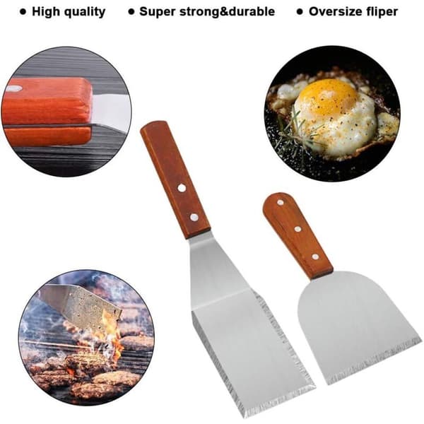 7-delt grilltilbehørssett: Spatel og skrape i rustfritt stål for flatgrilling