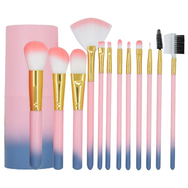 12-dele lyserød gradient makeupbørstesæt med plastik- og nylonhåndtag til hår, foundation, pudder og kosmetik