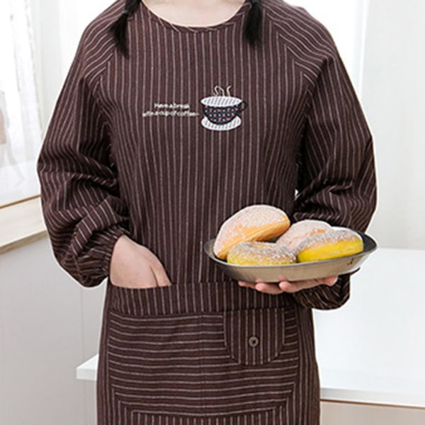 Långärmat förkläde överdragskläder hudvänlig polybomull dam arbetskläder med fickor förkläde matlagning-jbk Coffee