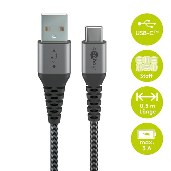 USB-C™ til USB-A tekstilkabel med metallkontakter 0,5 m