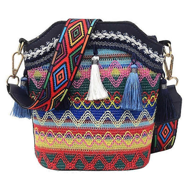 Mode Bohemisk Etnisk Stil Kvinnors Halmvävd Axelväska Retro Casual Bucket Bag Na