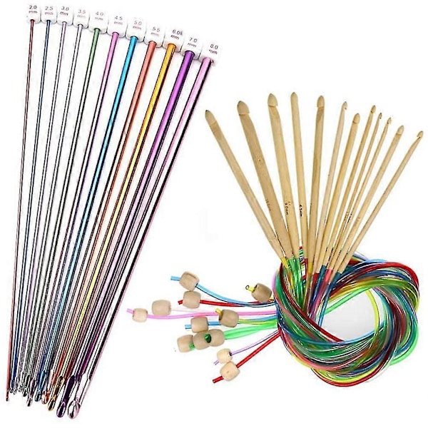 23 Delar Tunisiska Virknålar Set 3-10 Mm Kabel Bambu Sticknål Med Pärla Karboniserad Bambu -Suzuka