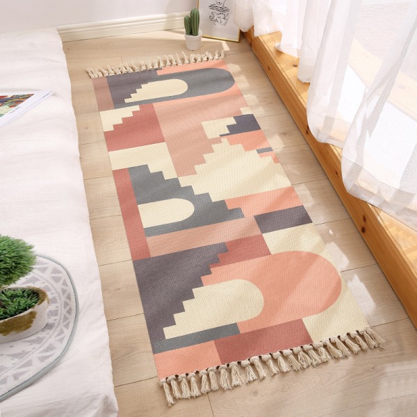 Vaskbart etnisk teppe bomull lin gulvmatte etnisk stil nattbord matte soverom stue dekorasjon Contrasting color geometry