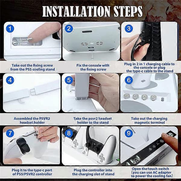 Til PS VR2 med køleventilator, VR-opladningsdisplaystand med headset- og spilopbevaringsholder