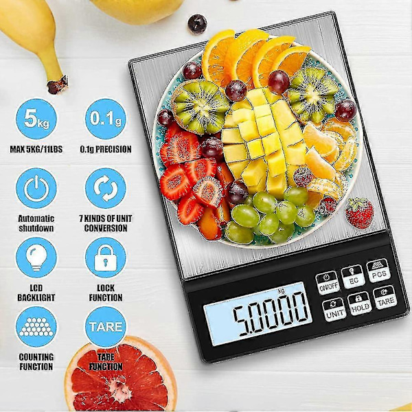 Digital Köksvåg, 5kg/0.01g Uppladdningsbar Matvåg, Högprecisions Köksvåg Med