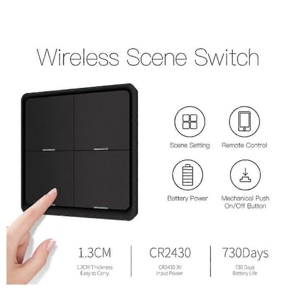 4-vejs Tuya ZigBee Trådløs 12 Scene Switch, Trykknap, Sort