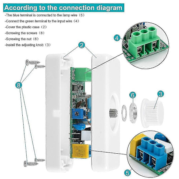 Inline LED Dimmer Switch, Indbygget ON/OFF og Knapkontrol Dimmer til Dæmpbare 3-100W LED/Glødepærer