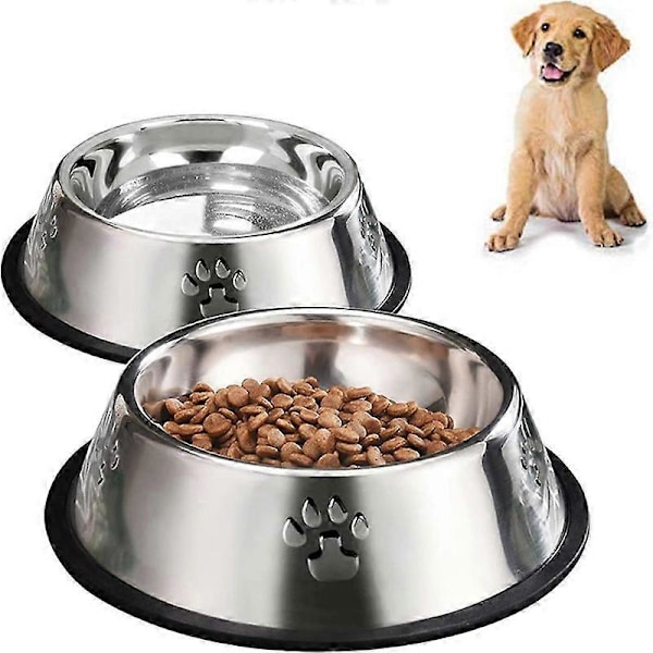 2 st Rostfria Hundskålar, Hundmatskålar, Hundtallrikar med Gummibas (xl)