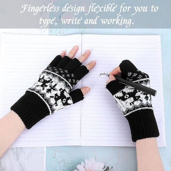 Fawn Jacquard strikkede fingerløse handsker - Varme vinterhandsker til kvinder Halvfinger uldhandsker Gift-jbk