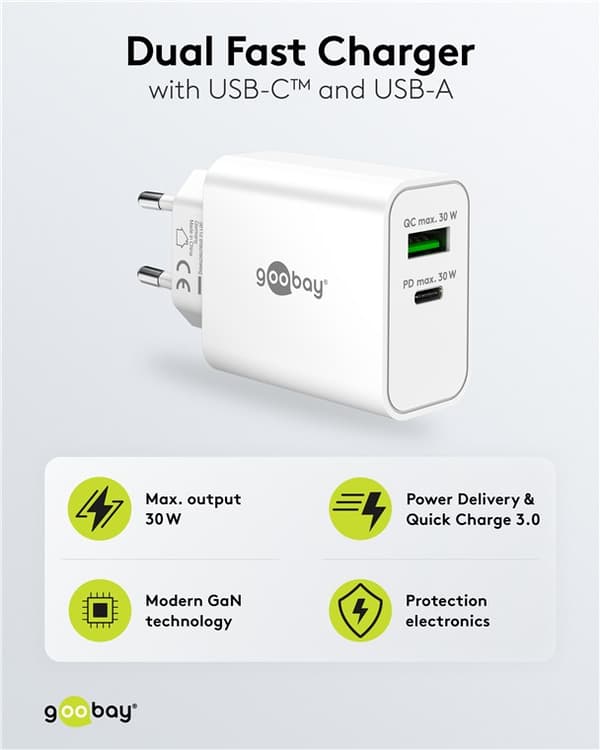 USB-C™ PD GaN dobbel hurtiglader (30 W) hvit