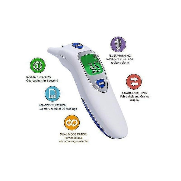 Medicinsk Pande- og Øretermometer, Digitalt Infrarødt Termometer 4 I 1 Multifunktionel Trefarvet Feberindikator