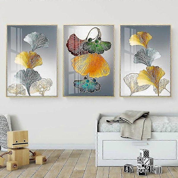 Sett med 3 Plakat Veggkunst, Ginkgo Linje Gullblad Kunst Maleri Trykk