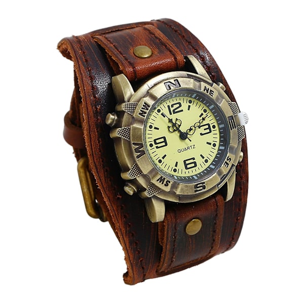 Armbandsur för män, äkta läder, vintage, mörkbrunt