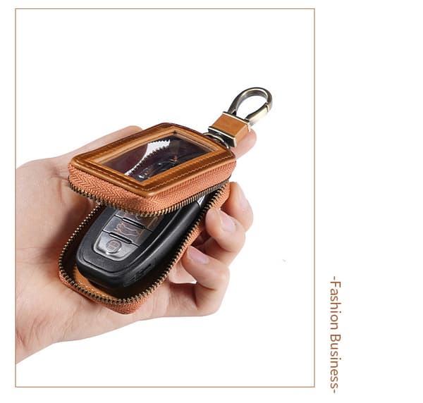 Leather Car Key Cover with Transparent Window, Slim Single-Layer Vertical Design Model 1