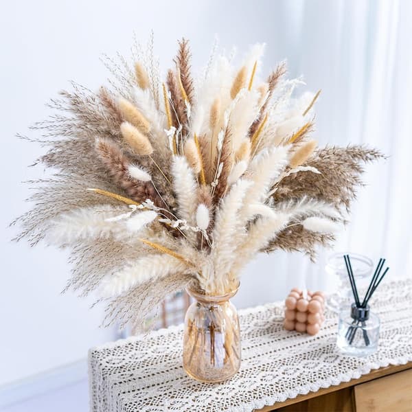93 stilker tørkede blomsterbukett - Boho Pampasgress og Harehaler Arrangement