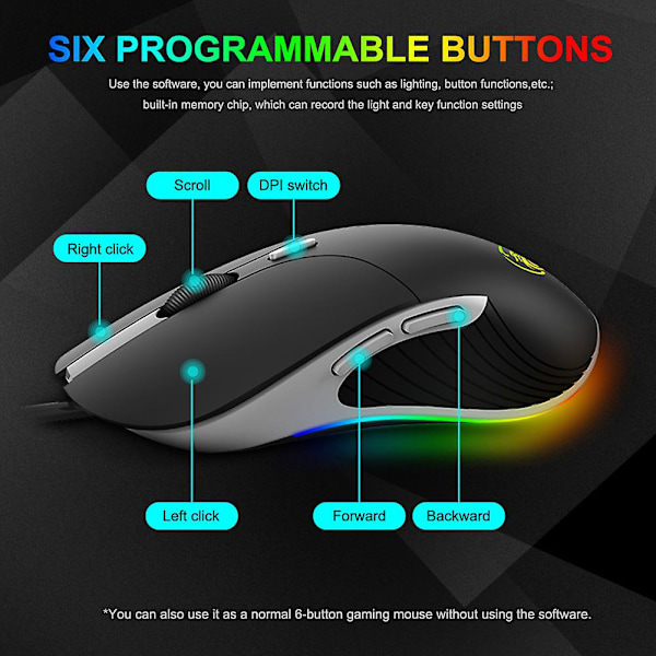 iMICE X6 Ergonomisk 6-knappers RGB-mus med pustende lys, kablet, for bærbare datamaskiner