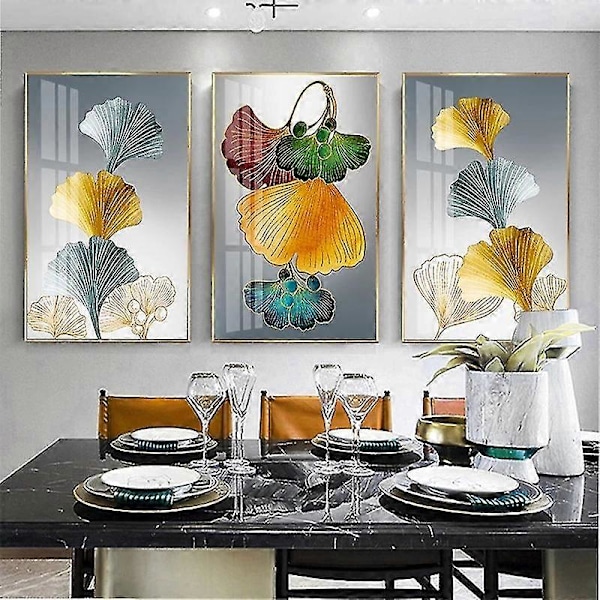 Sett med 3 Plakat Veggkunst, Ginkgo Linje Gullblad Kunst Maleri Trykk